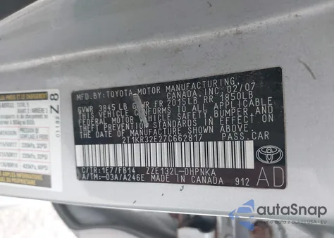 2007 Toyota Matrix Xr z USA, uszkodzony, nr VIN 2T1KR32E27C662817